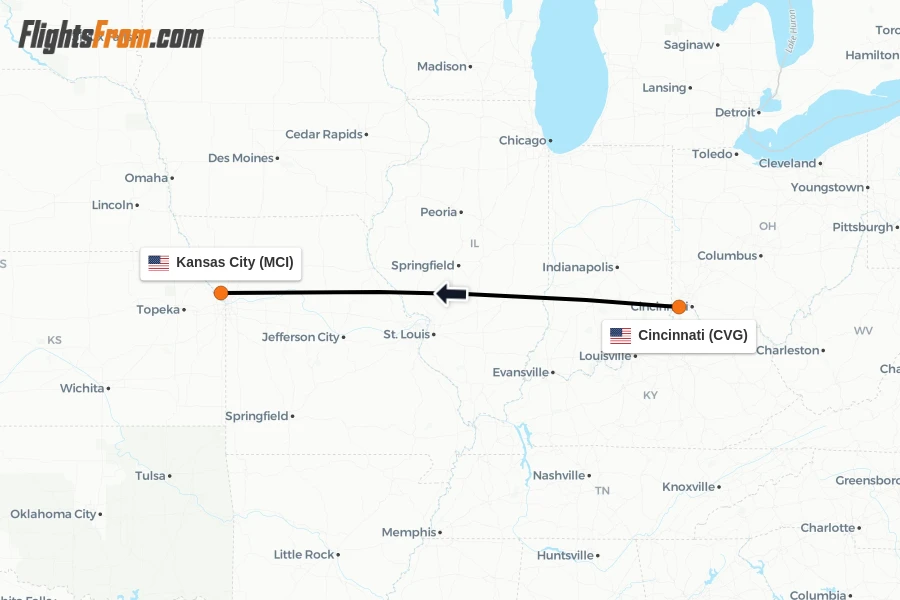 Flights from Cincinnati to Kansas City route map