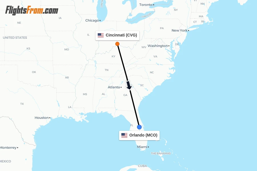 Flights from Cincinnati to Orlando route map