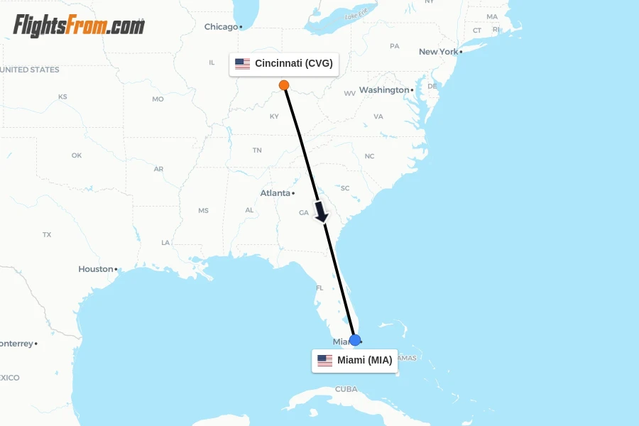Flights from Cincinnati to Miami route map
