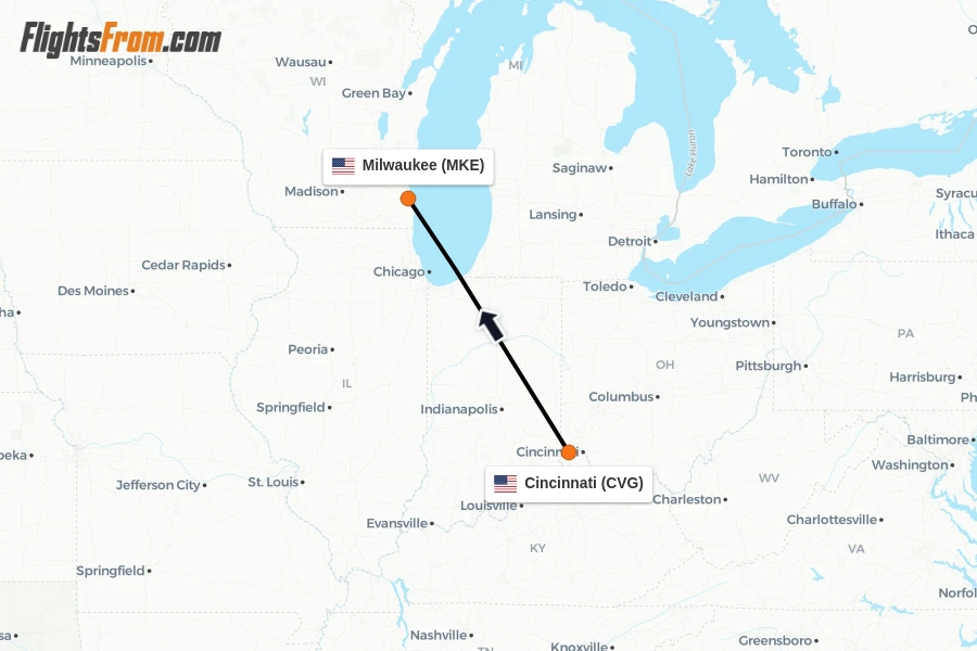 Flights from Cincinnati to Milwaukee route map