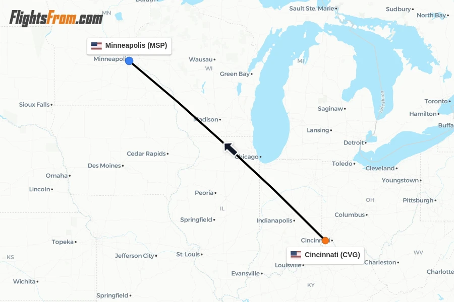Flights from Cincinnati to Minneapolis route map