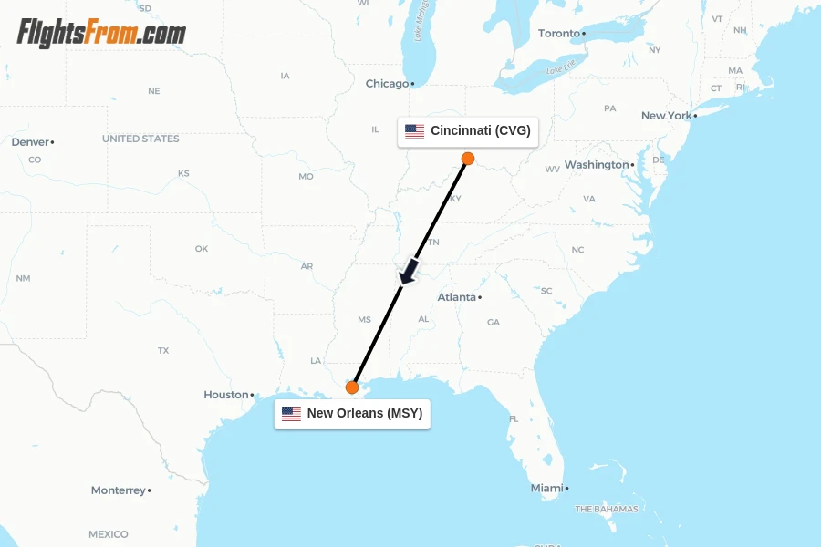Flights from Cincinnati to New Orleans route map