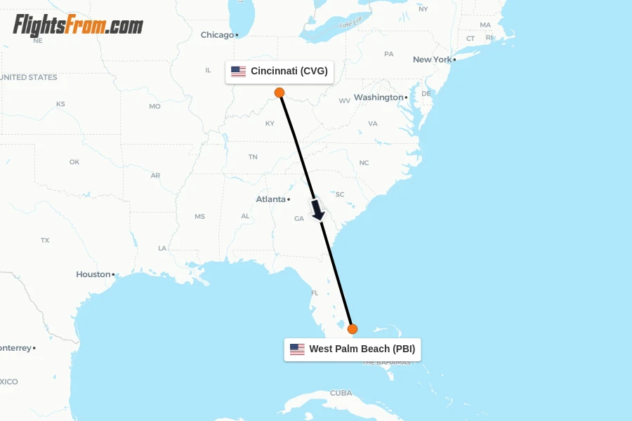 Flights from Cincinnati to West Palm Beach route map