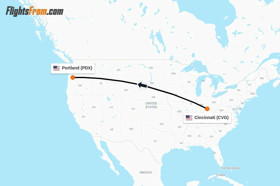 Flights from Cincinnati to Portland route map