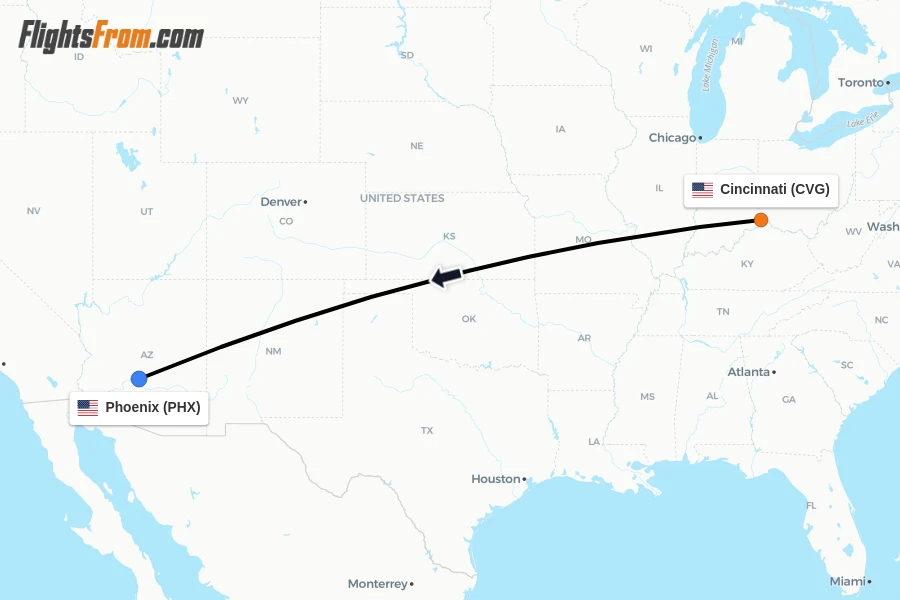 Flights from Cincinnati to Phoenix route map