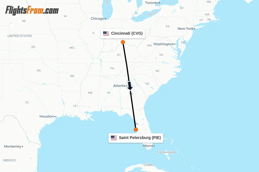 Flights from Cincinnati to Saint Petersburg route map