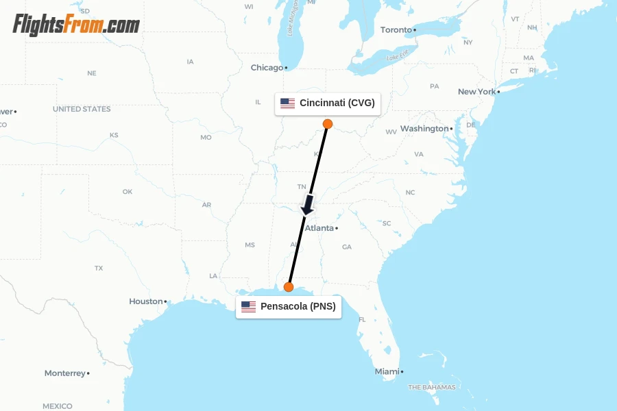Flights from Cincinnati to Pensacola route map