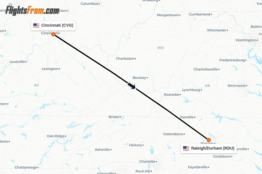 Flights from Cincinnati to Raleigh/Durham route map