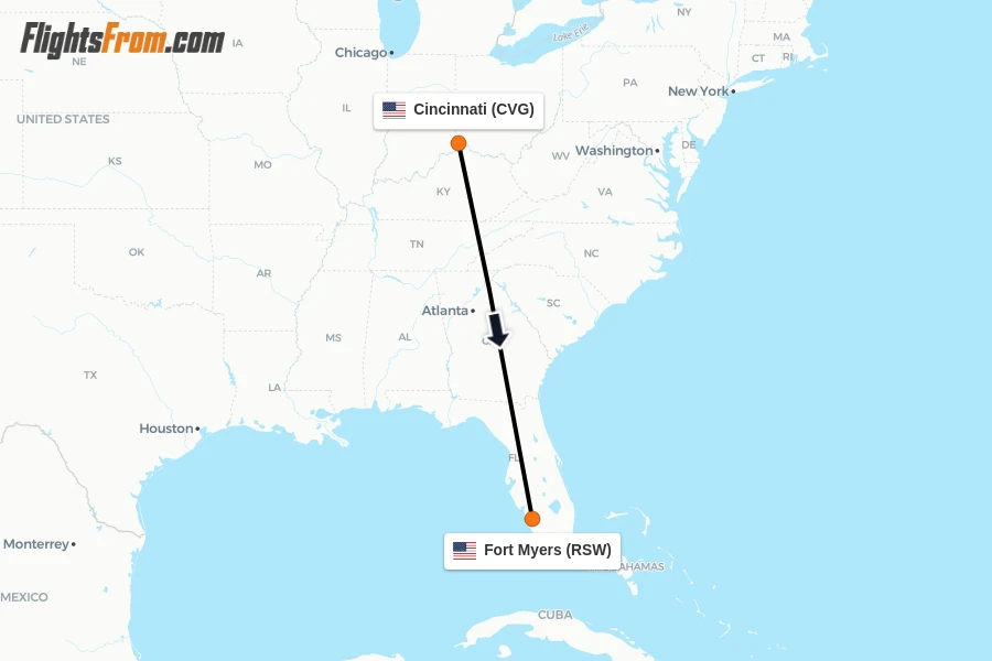 Flights from Cincinnati to Fort Myers route map