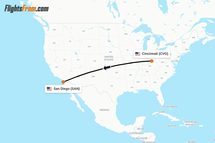 Flights from Cincinnati to San Diego route map