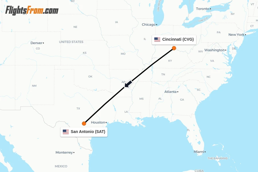 Flights from Cincinnati to San Antonio route map