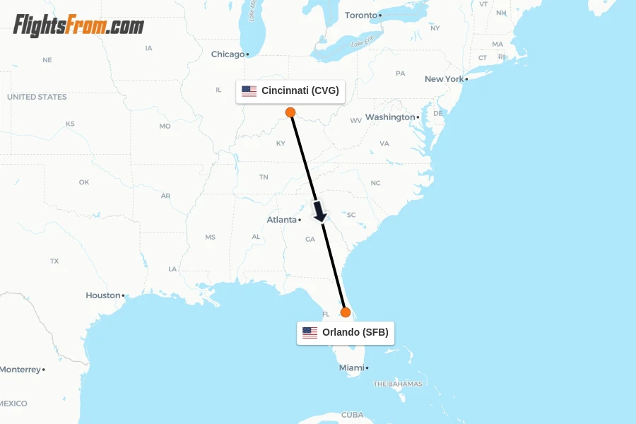Flights from Cincinnati to Orlando route map