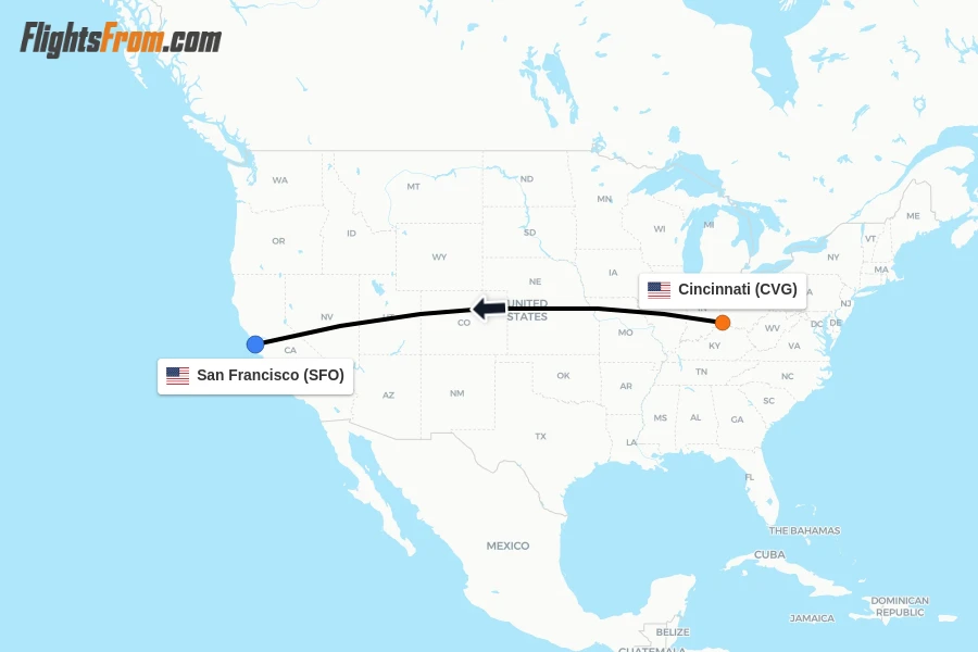 Flights from Cincinnati to San Francisco route map