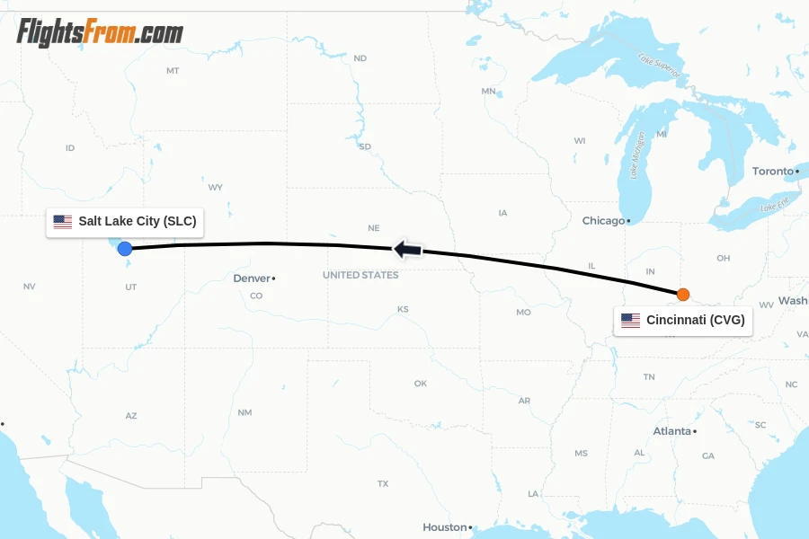 Flights from Cincinnati to Salt Lake City route map