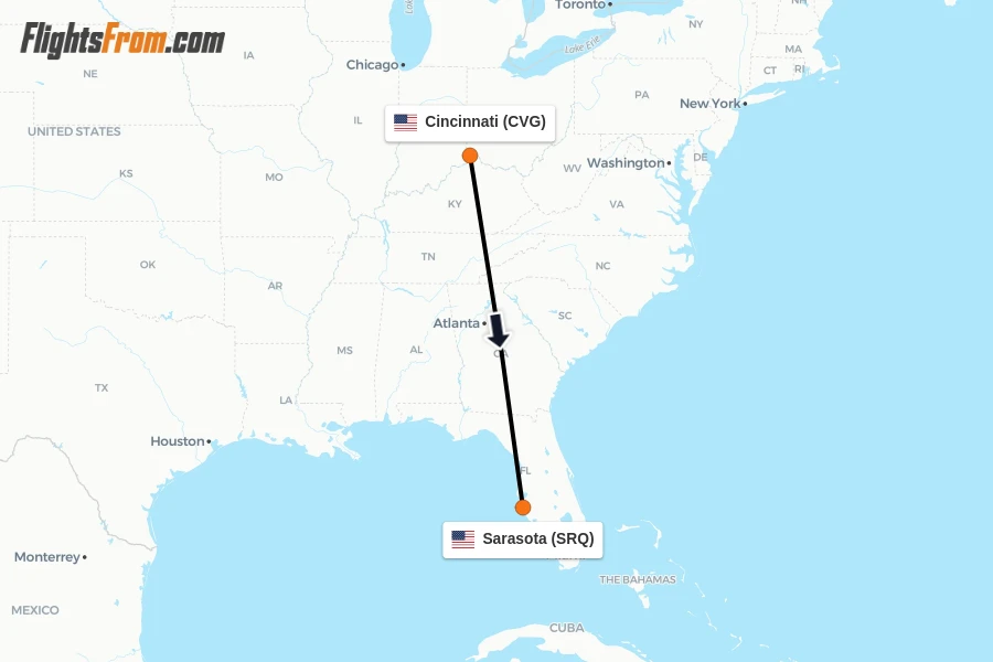 Flights from Cincinnati to Sarasota route map
