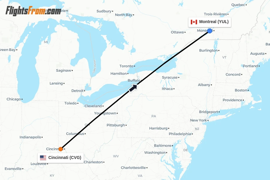Flights from Cincinnati to Montreal route map