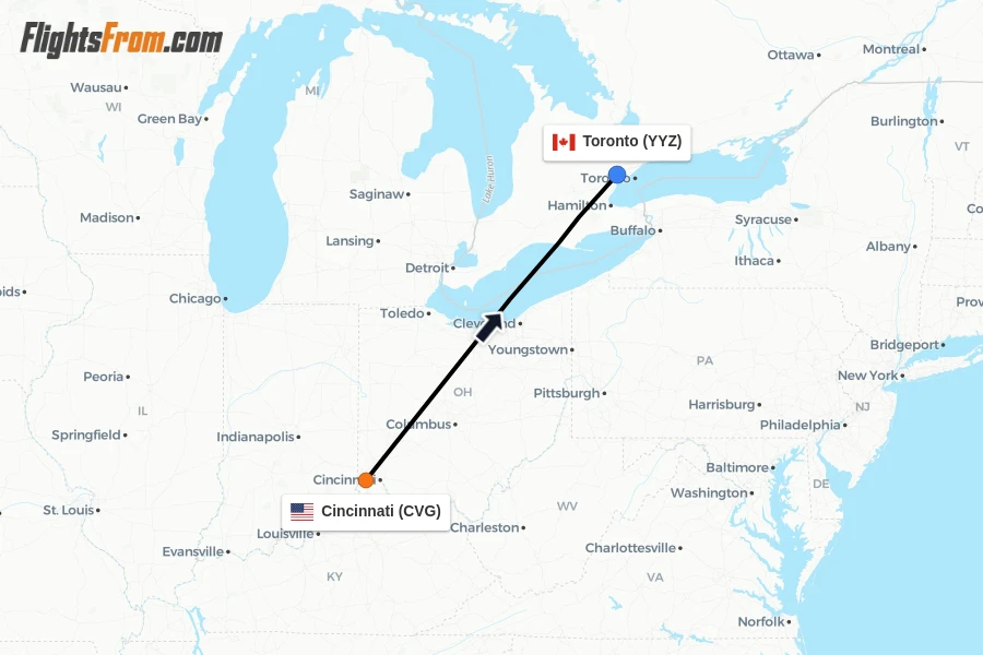 Flights from Cincinnati to Toronto route map