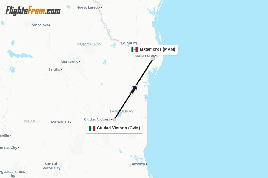 Flights from Ciudad Victoria to Matamoros route map