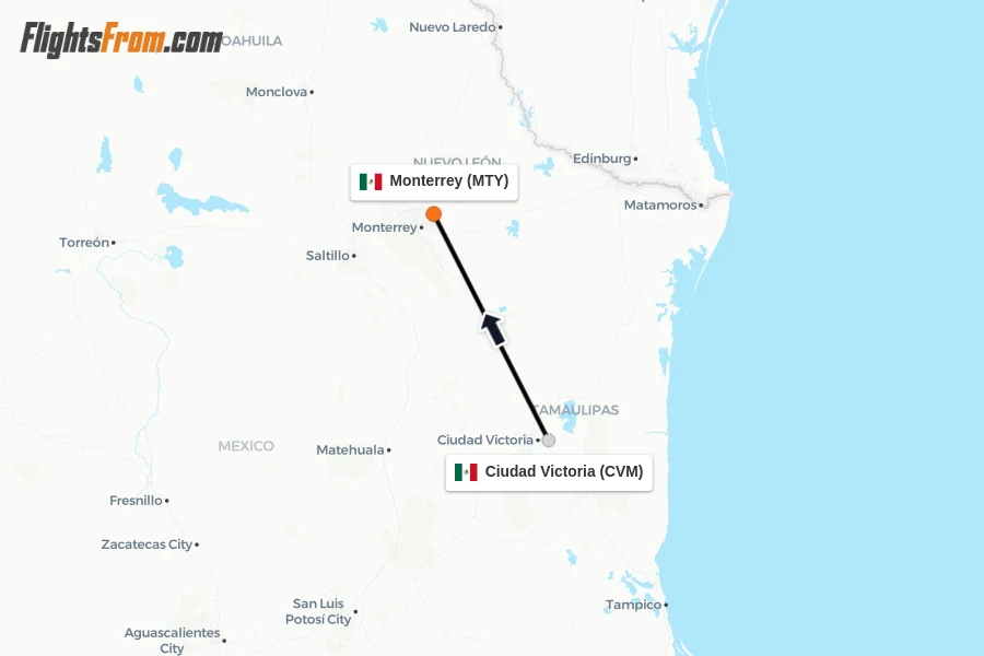 Flights from Ciudad Victoria to Monterrey route map
