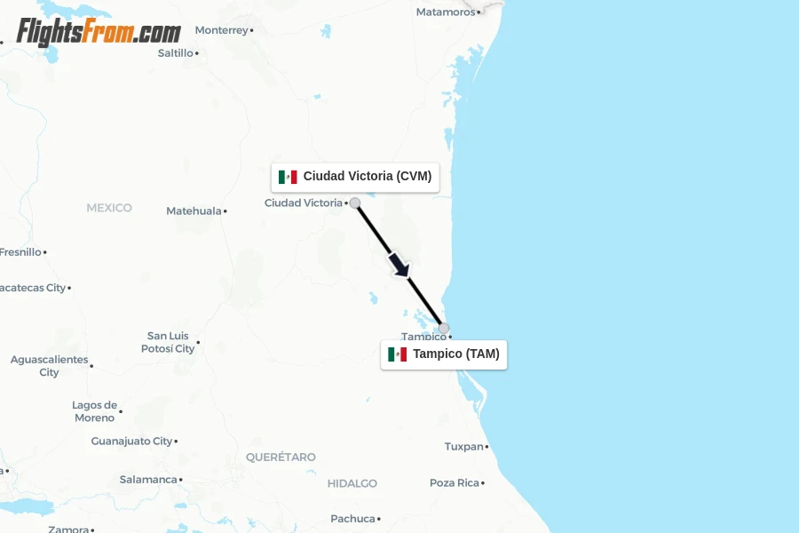 Flights from Ciudad Victoria to Tampico route map