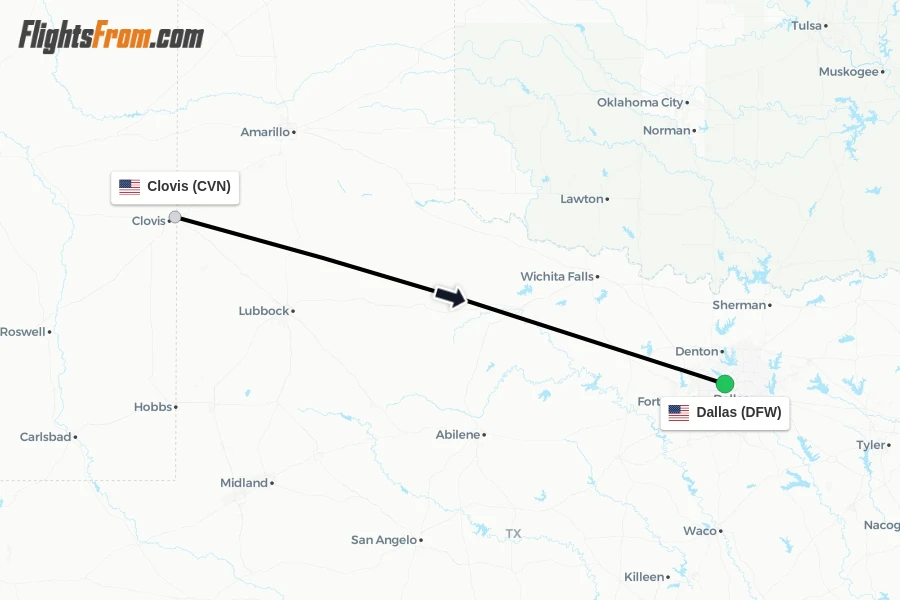 Flights from Clovis to Dallas route map