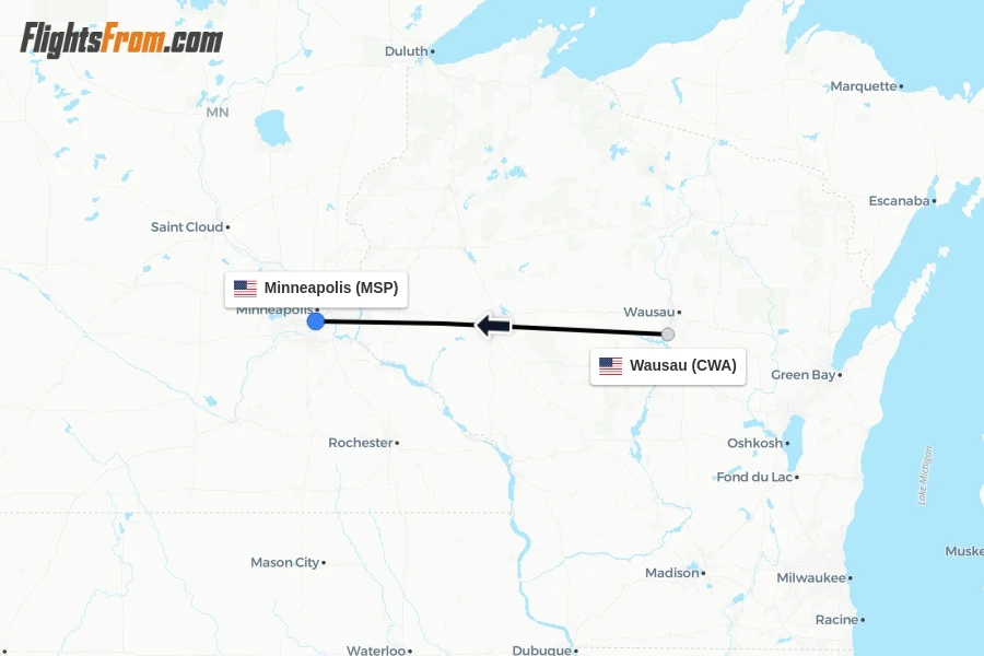 Flights from Wausau to Minneapolis route map