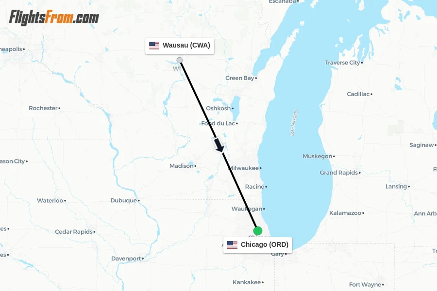 Flights from Wausau to Chicago route map