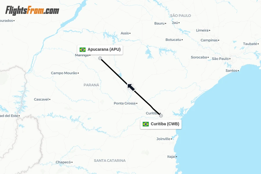 Flights from Curitiba to Apucarana route map