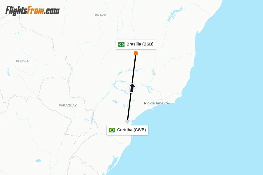 Flights from Curitiba to Brasilia route map