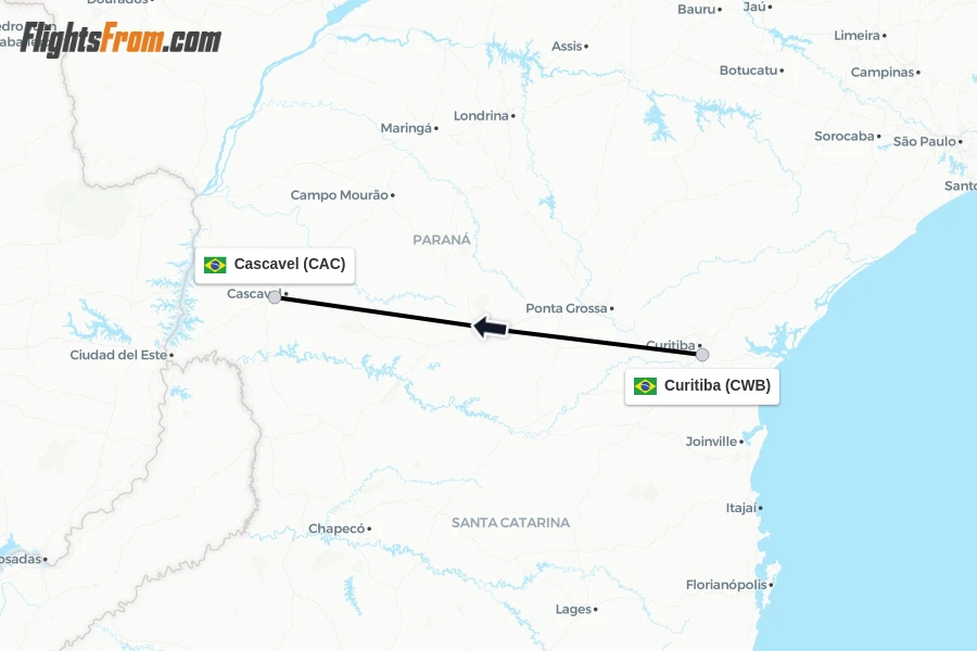 Flights from Curitiba to Cascavel route map
