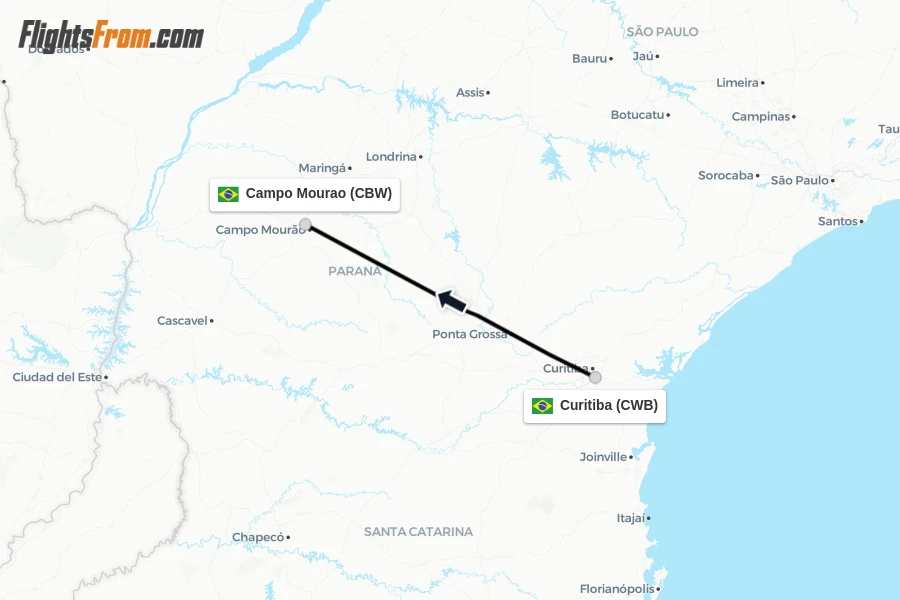 Flights from Curitiba to Campo Mourao route map