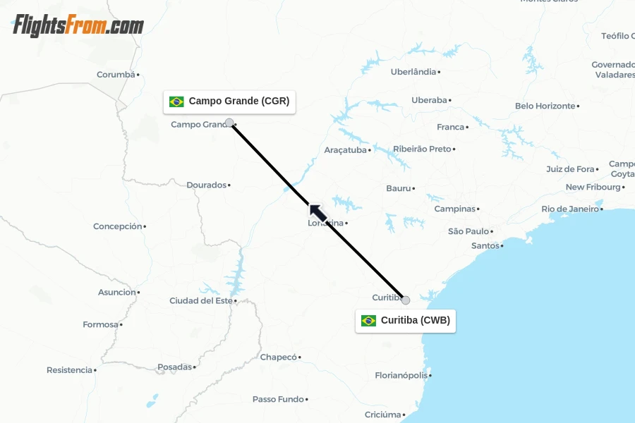Flights from Curitiba to Campo Grande route map