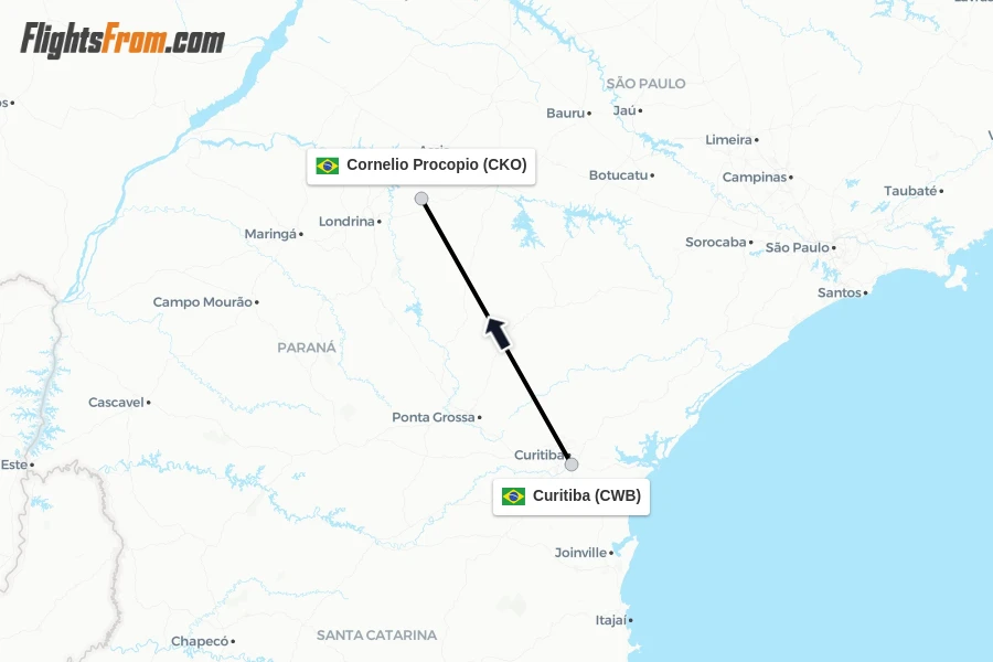 Flights from Curitiba to Cornelio Procopio route map
