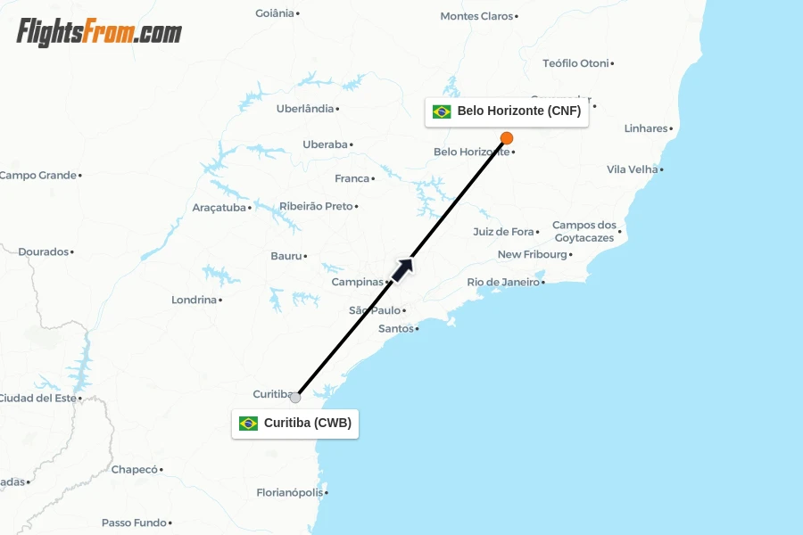 Flights from Curitiba to Belo Horizonte route map