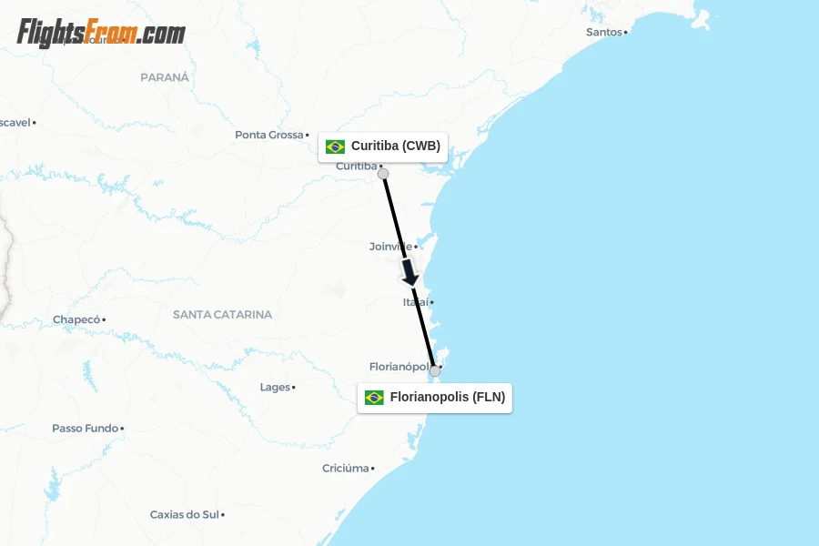 Flights from Curitiba to Florianopolis route map