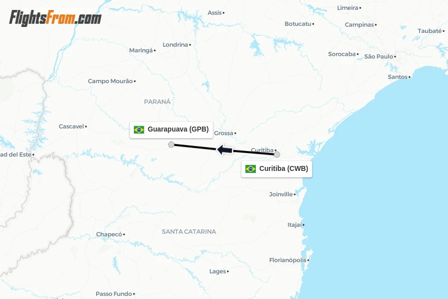 Flights from Curitiba to Guarapuava route map