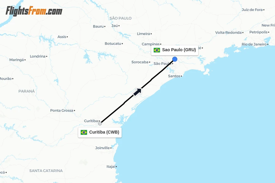 Flights from Curitiba to Sao Paulo route map