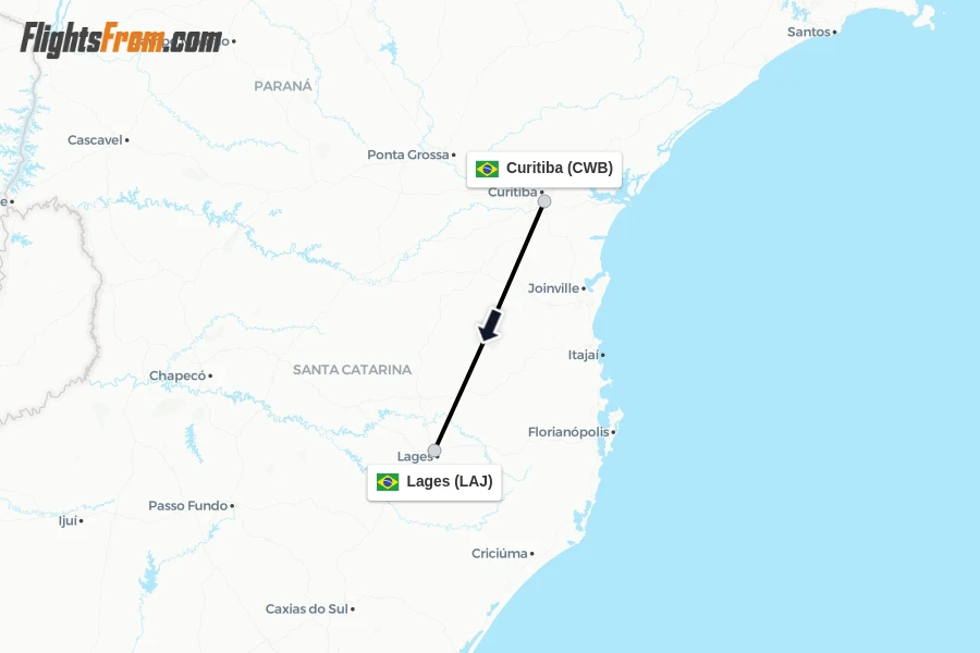 Flights from Curitiba to Lages route map