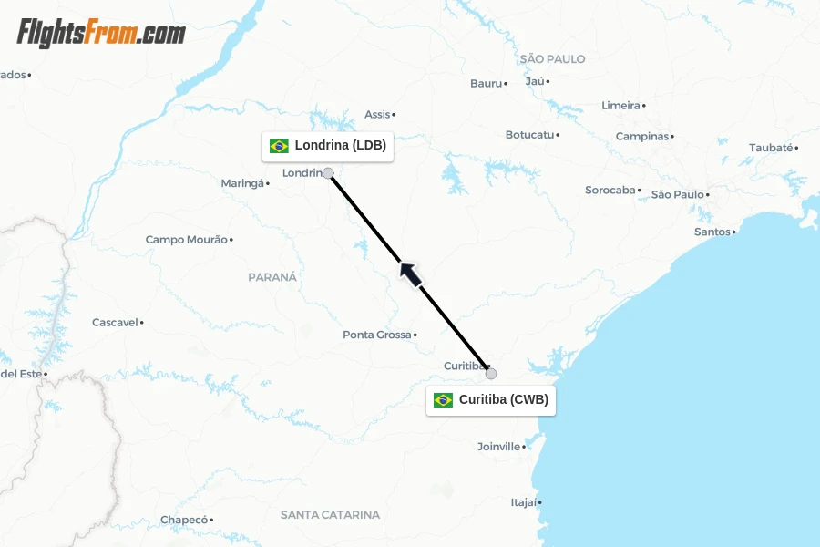 Flights from Curitiba to Londrina route map