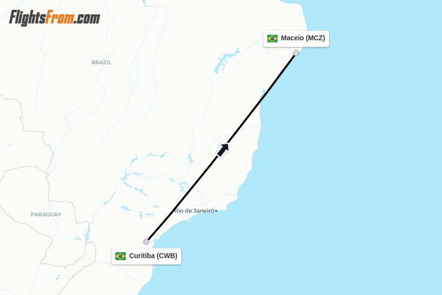 Flights from Curitiba to Maceio route map