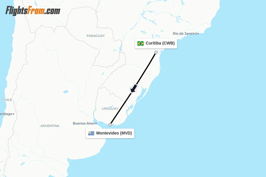Flights from Curitiba to Montevideo route map