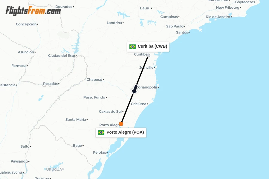Flights from Curitiba to Porto Alegre route map