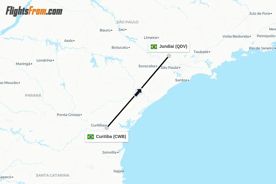 Flights from Curitiba to Jundiai route map