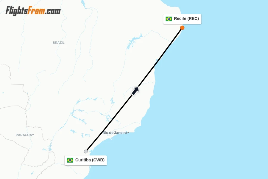 Flights from Curitiba to Recife route map
