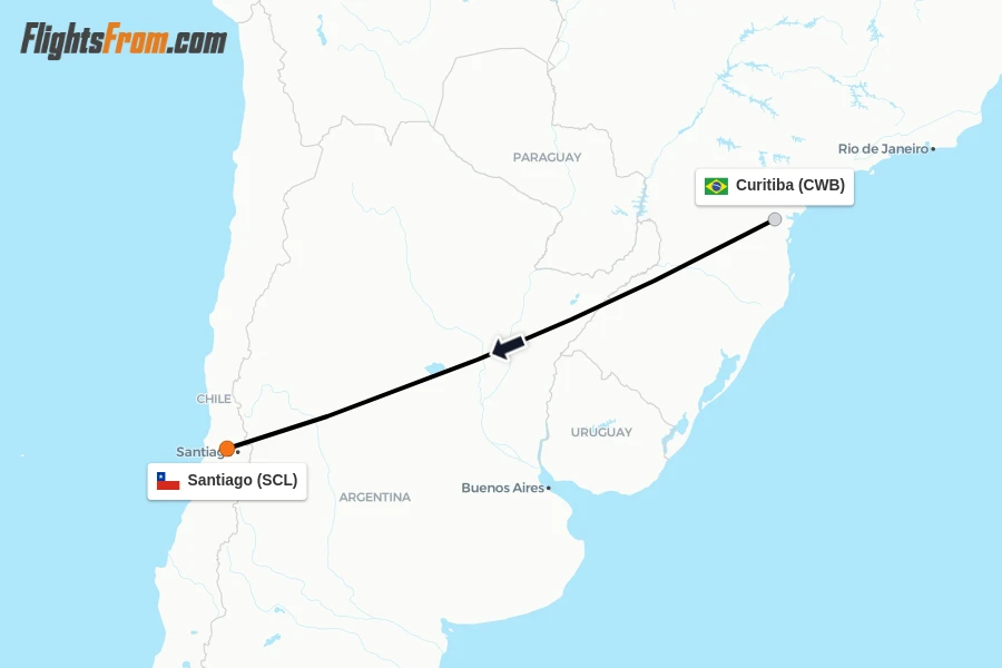 Flights from Curitiba to Santiago route map