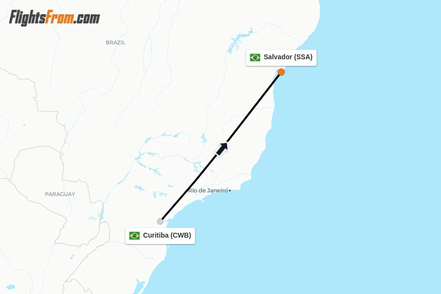 Flights from Curitiba to Salvador route map
