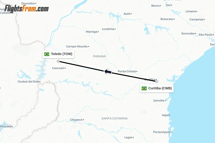 Flights from Curitiba to Toledo route map