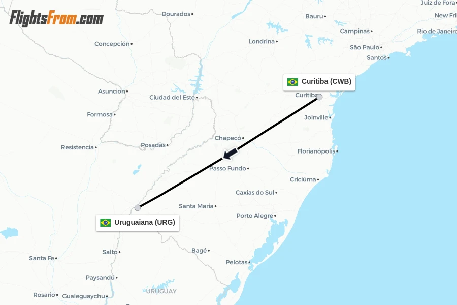 Flights from Curitiba to Uruguaiana route map