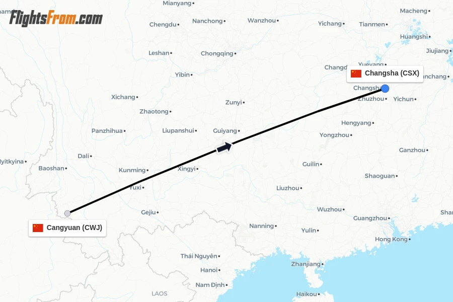 Flights from Cangyuan to Changsha route map