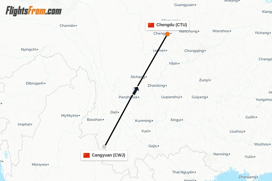 Flights from Cangyuan to Chengdu route map